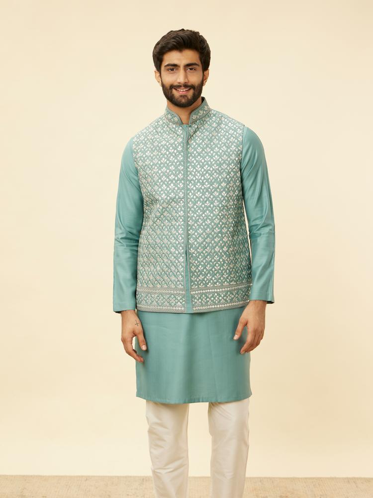 Twamev Men Mid Blue Floral Blue Patterned Kurta Jacket Set