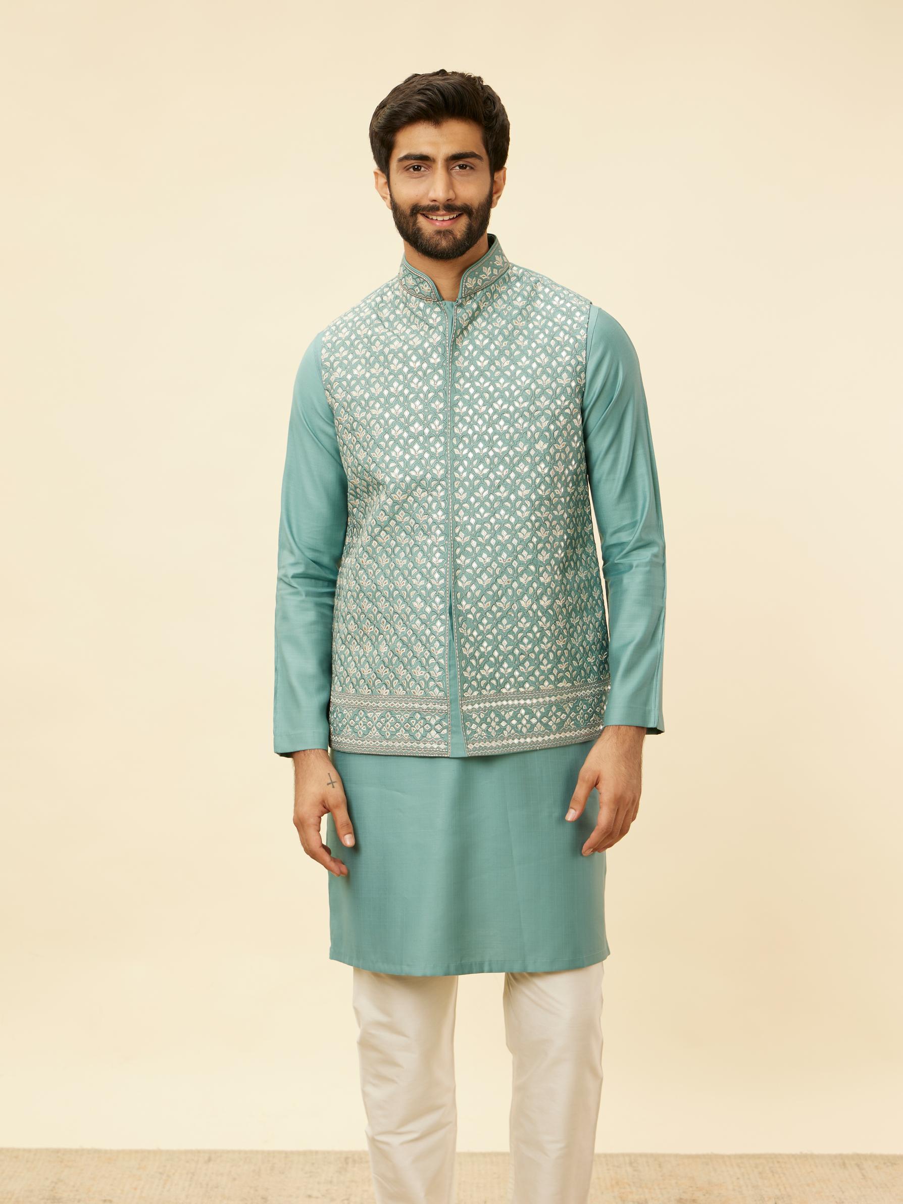Twamev Men Mid Blue Floral Blue Patterned Kurta Jacket Set