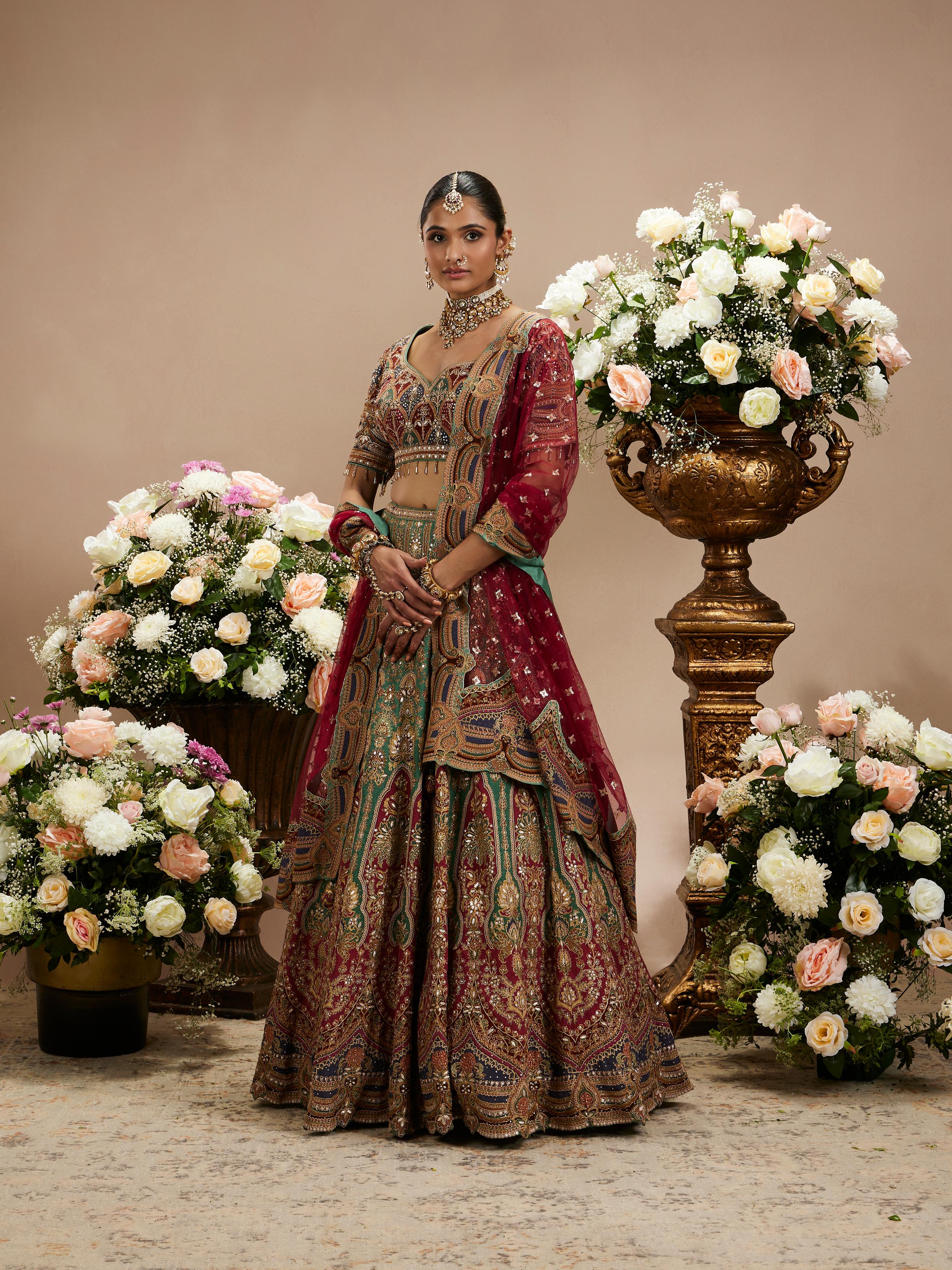 Twamev Women Rama Green And Maroon Jhallar Patterned Lehenga with Buta Motifs, Zari And Gota Patti Work