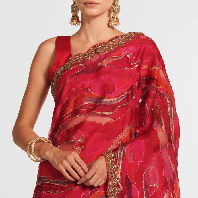Twamev Women Fiery Red Organza Saree