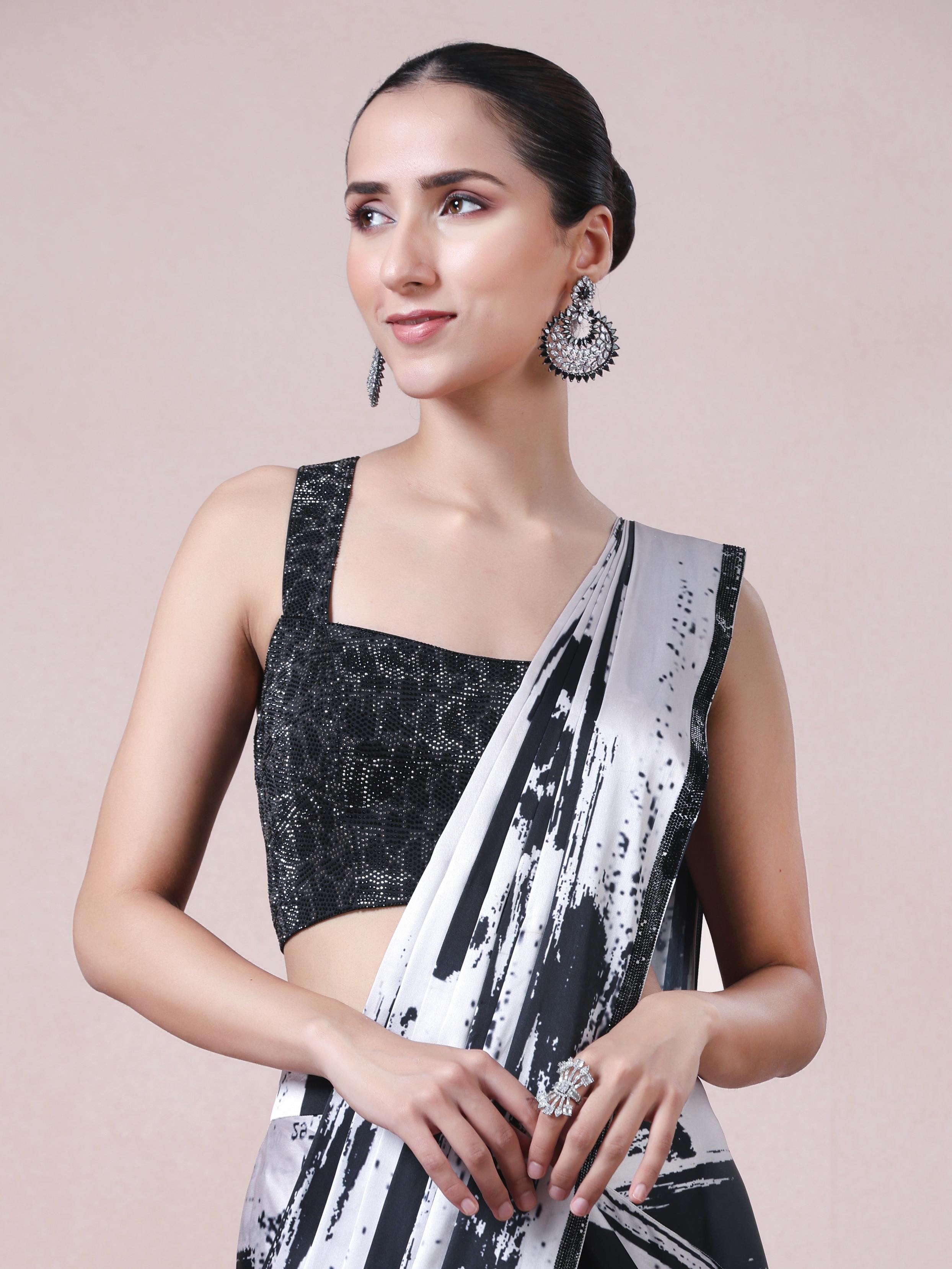Twamev Women Black and Cream Fusion Satin Saree