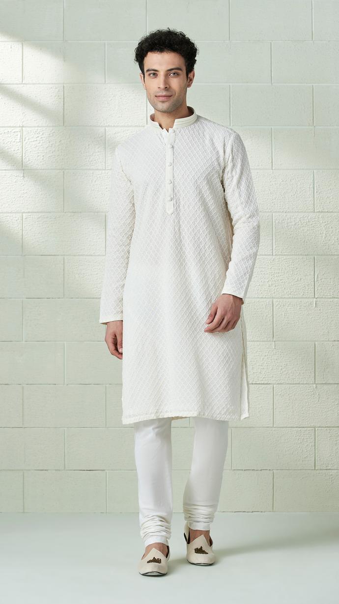 Twamev Men Creamy White Chikankari Embroidered Kurta Set