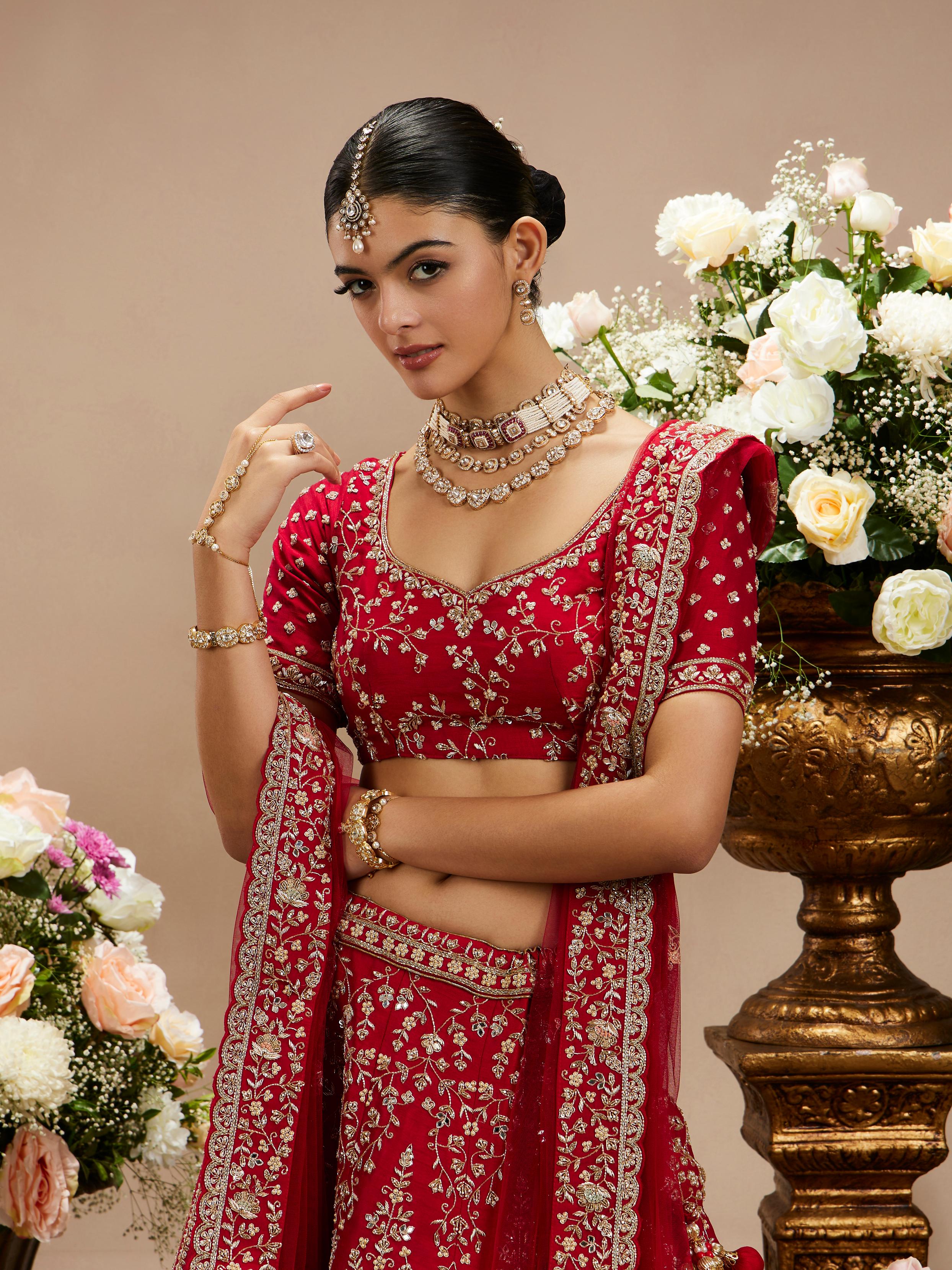 Twamev Women Scarlet Red Floral Embroidered Lehenga with Darbar Motifs