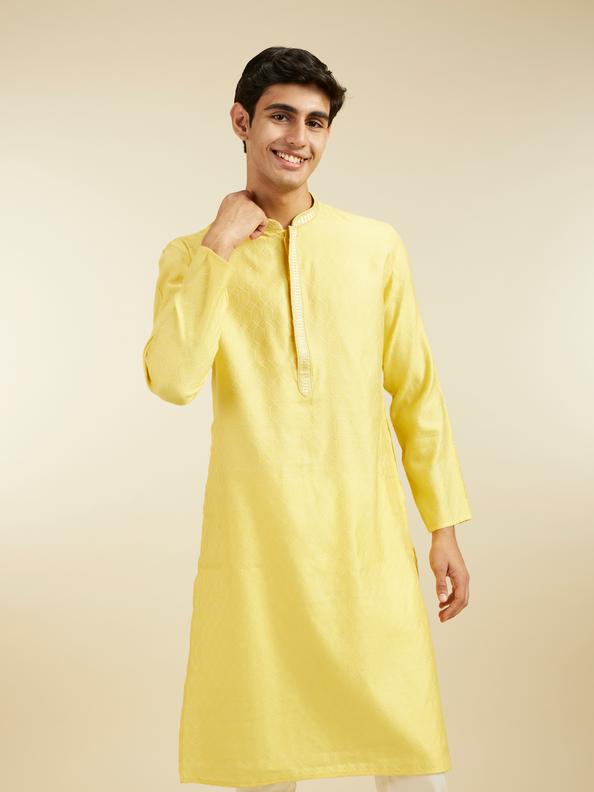 Diwas Men Sunshine Yellow Honeycomb Patterned Kurta