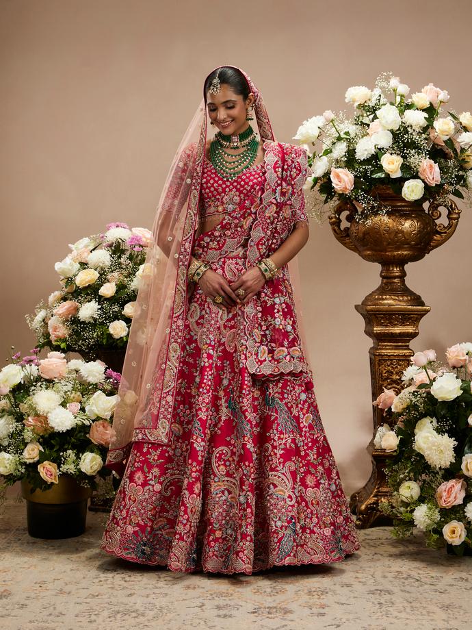 Twamev Women Carmine Red Floral Embroidered Sequinned Lehenga with Paisley And Peacock Motifs