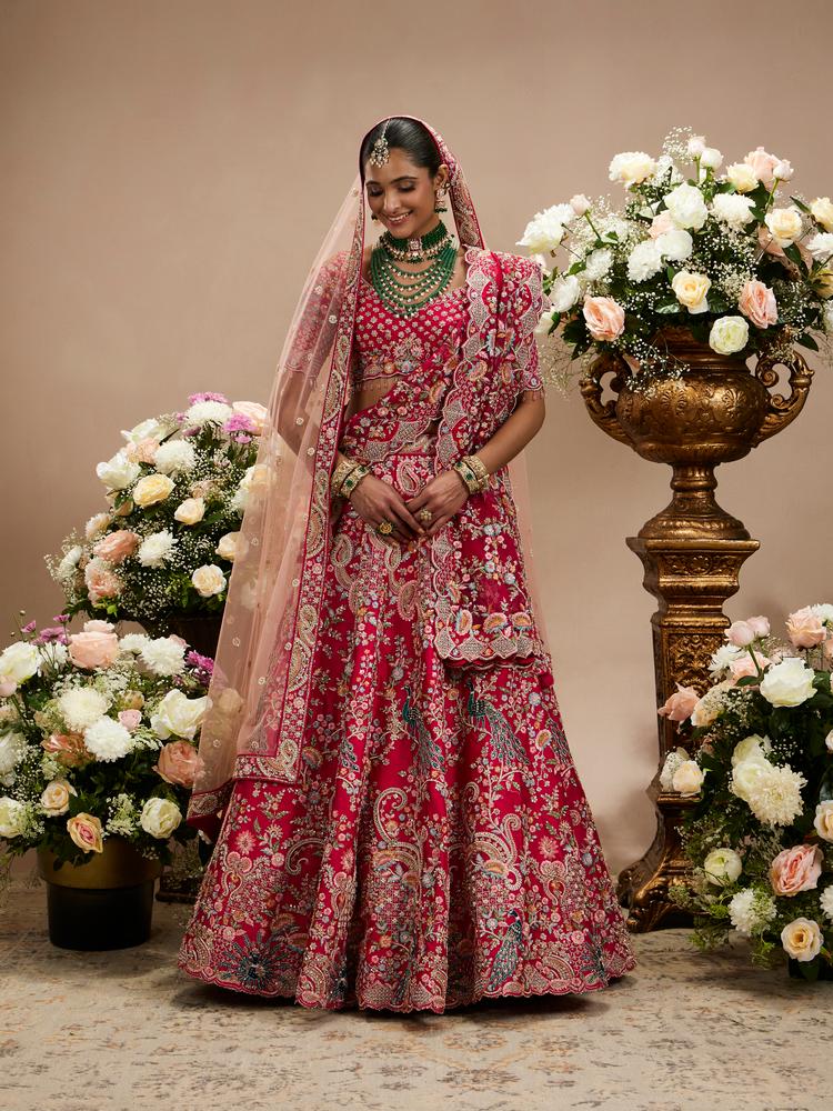 Twamev Women Carmine Red Floral Embroidered Sequinned Lehenga with Paisley And Peacock Motifs
