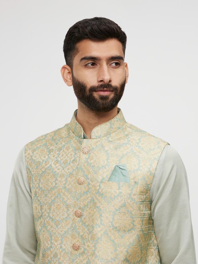 Twamev Men Soft Green Medallion Jaal Patterned Jacket Set