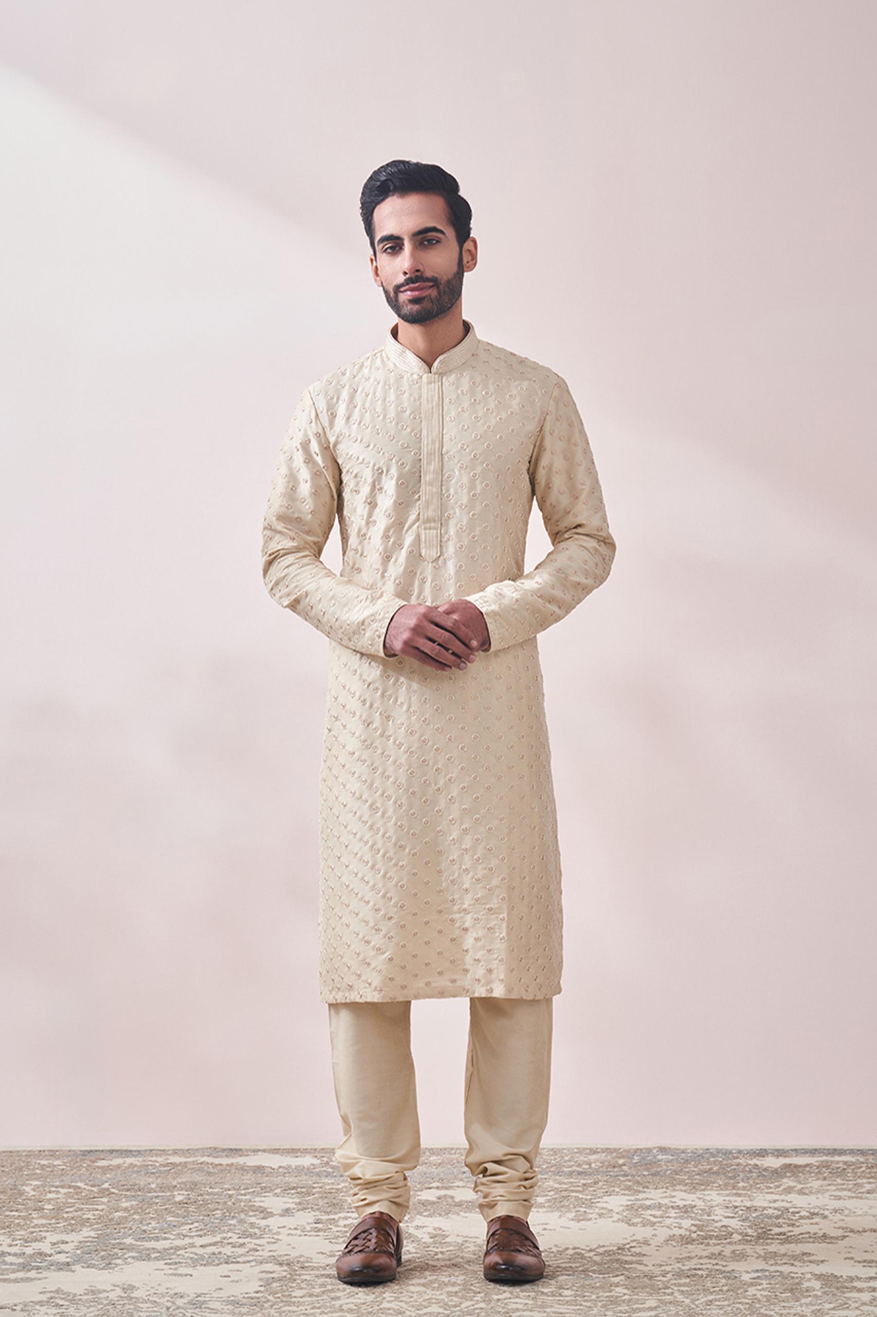 Twamev Men Fancy Beige Self Design Kurta Set