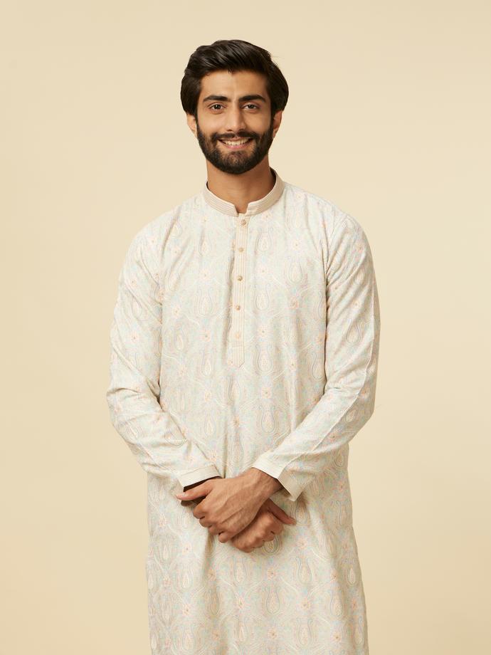 Twamev Men Light Grey Paisley Printed Kurta Set