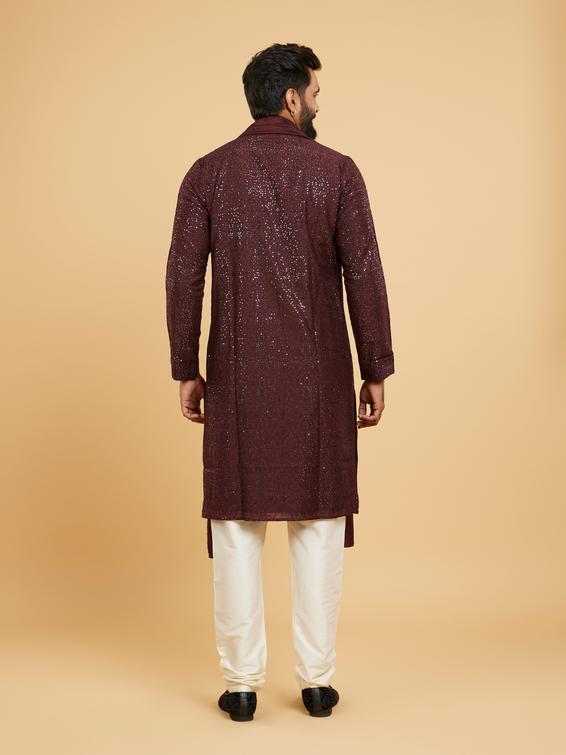 Twamev Men Glamorous Wine Kurta Set with Dupatta