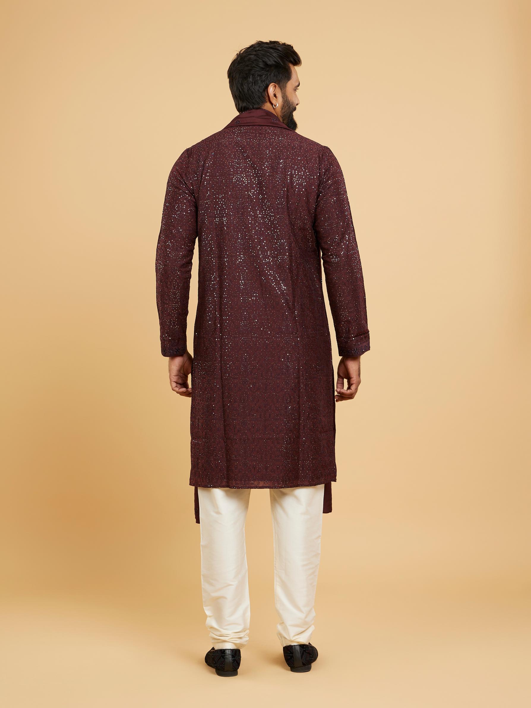 Twamev Men Glamorous Wine Kurta Set with Dupatta
