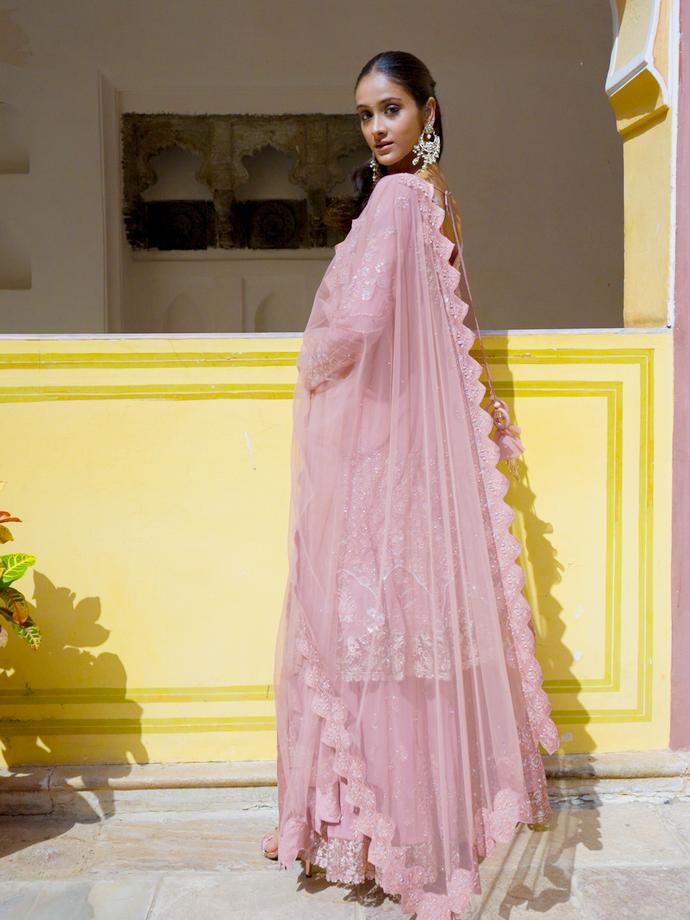 Twamev Women Ornate Pink Georgette Stitched Suit