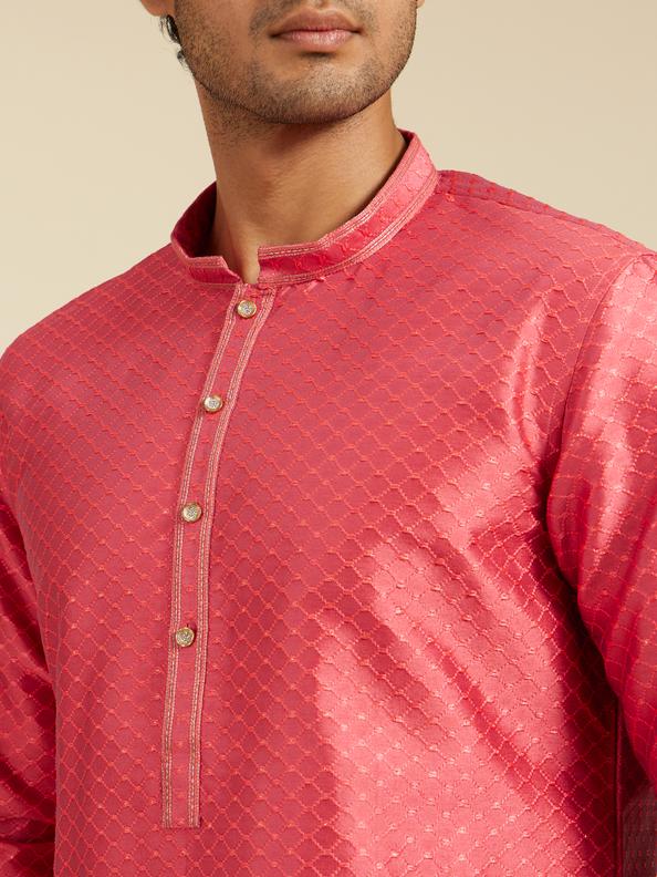 Diwas Men Coral Peach Self Striped & Jaal Patterned Kurta