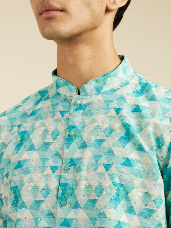 Diwas Men Aqua Green Harlequin Printed Kurta with Rhinestones