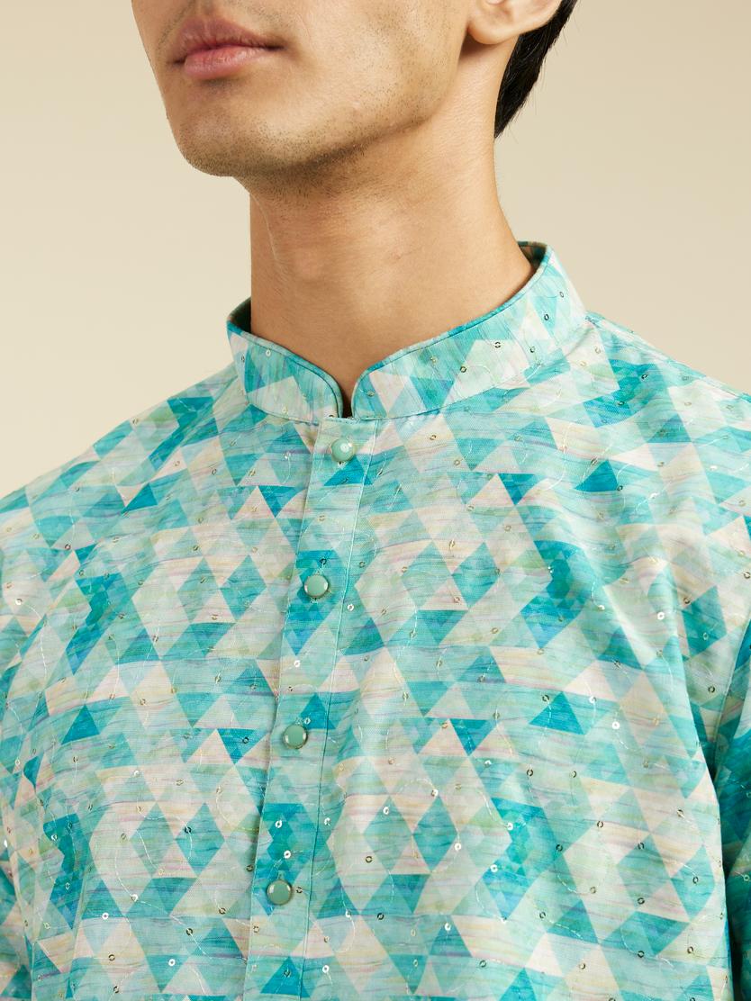 Diwas Men Aqua Green Harlequin Printed Kurta with Rhinestones
