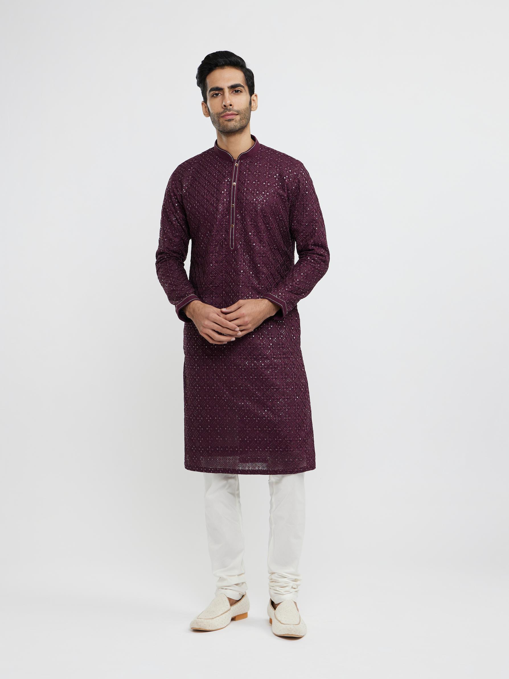 Twamev Men Wine Georgette Kurta Pajama Glamour