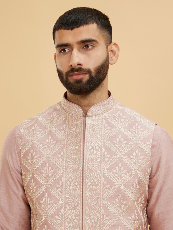 Twamev Men Dusty Pink Jacket Set with Fern Motifs in Jaal Pattern