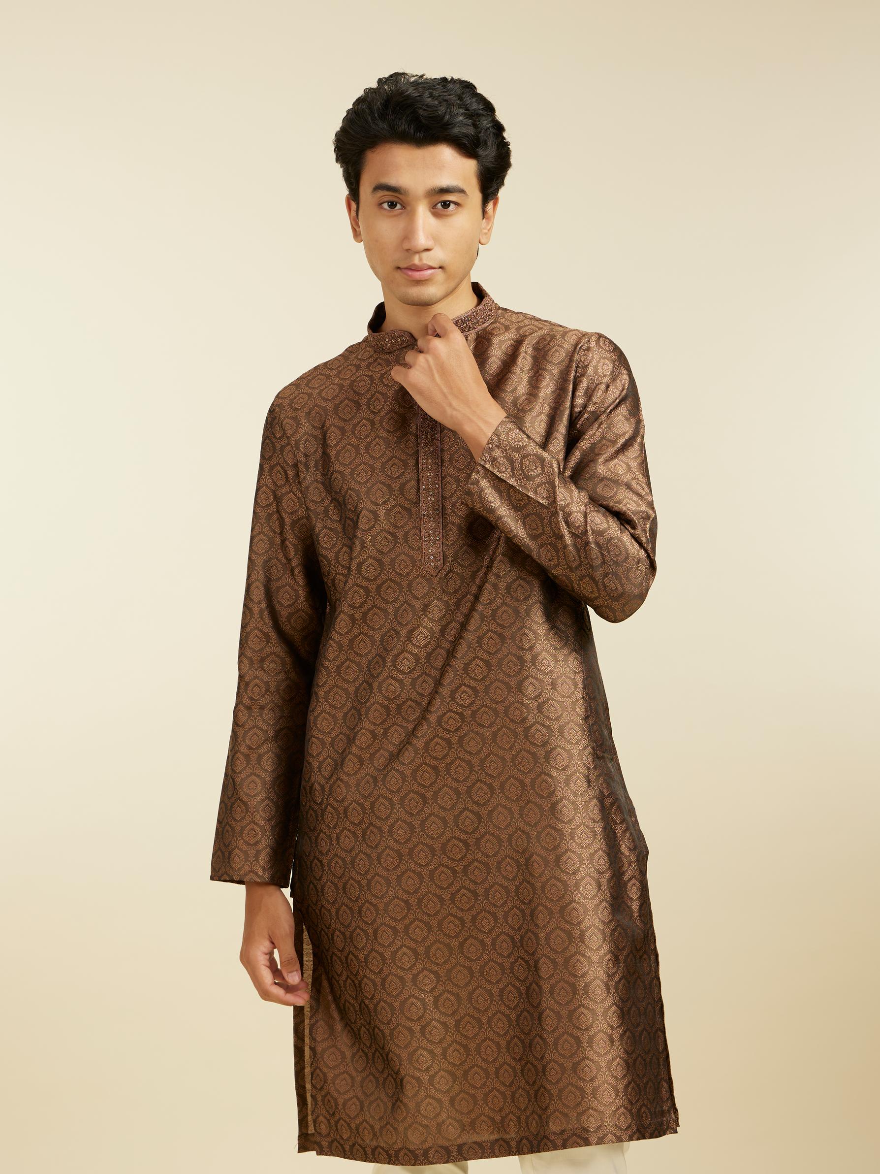 Diwas Men Mocha Brown Jaal Patterned Kurta with Jhallar Motifs