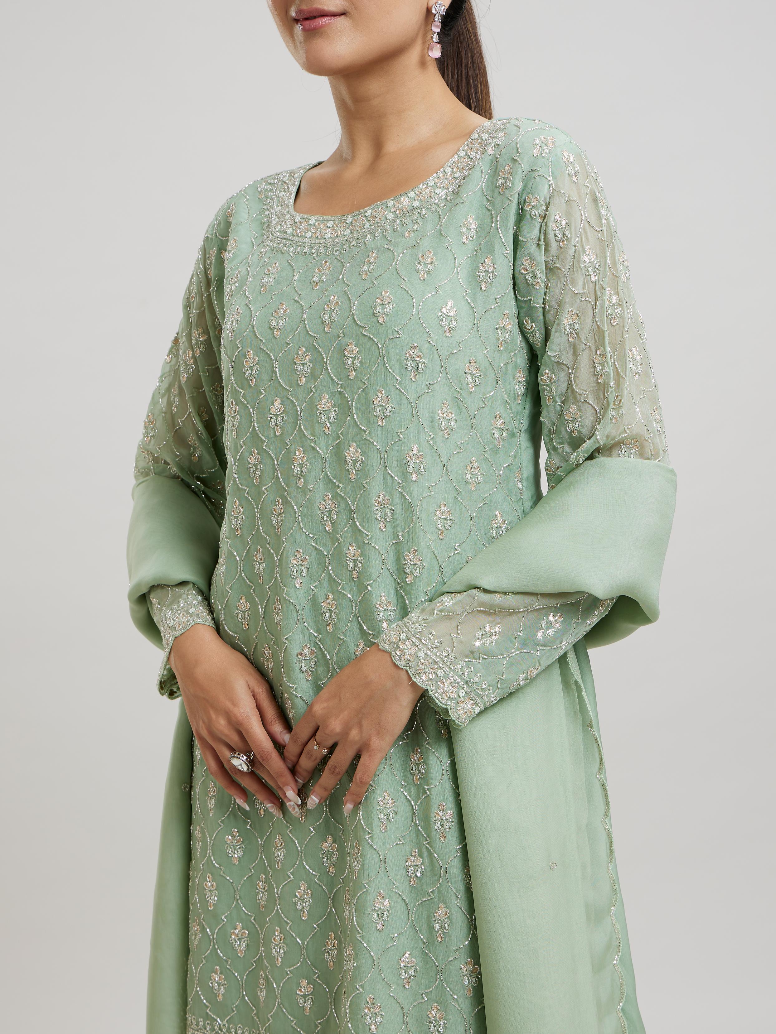 Twamev Women Gracious Pista Green Stitched Suit