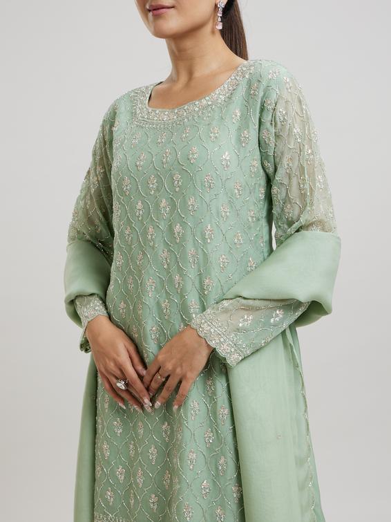 Twamev Women Gracious Pista Green Stitched Suit