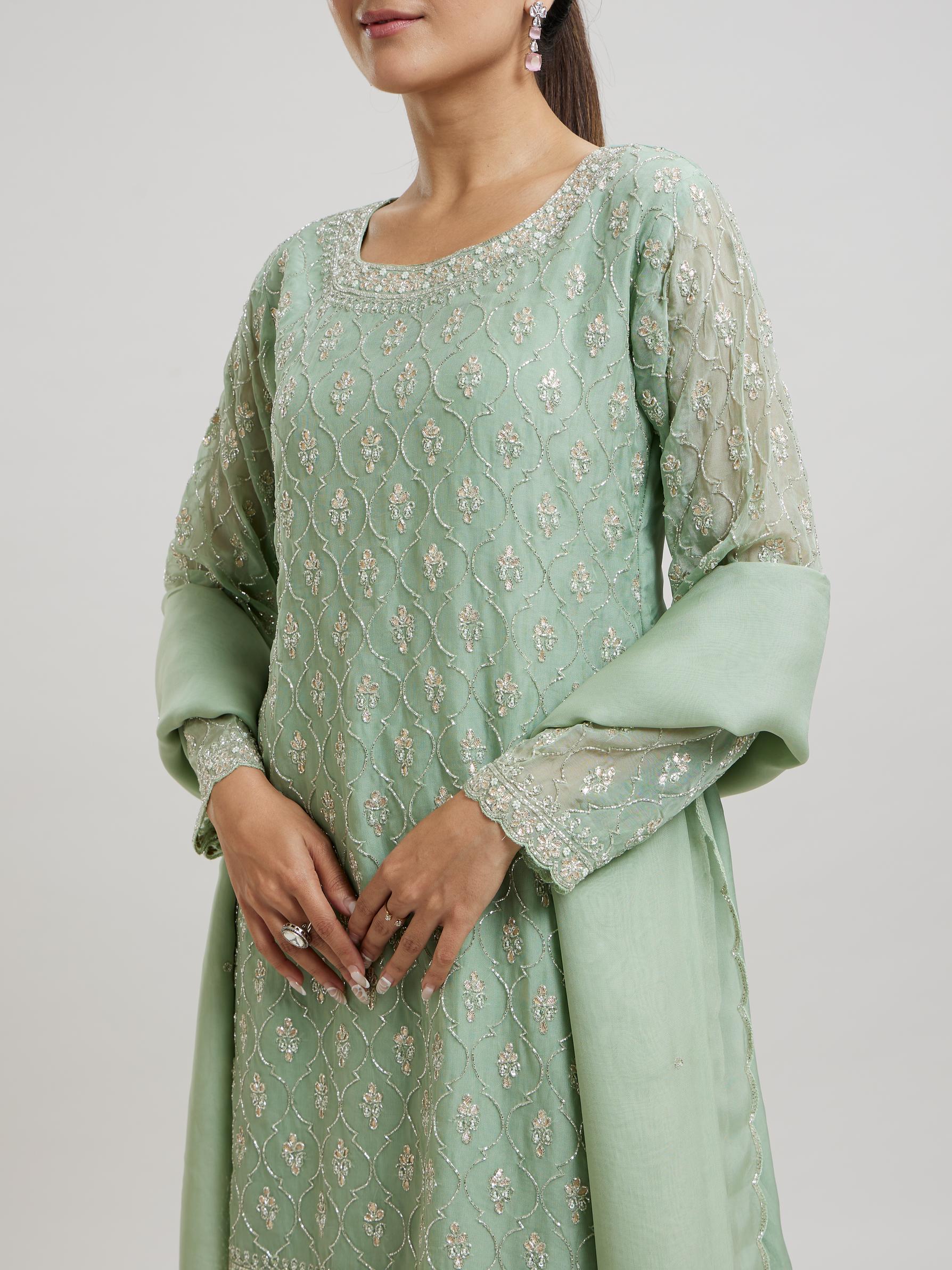 Twamev Women Gracious Pista Green Stitched Suit