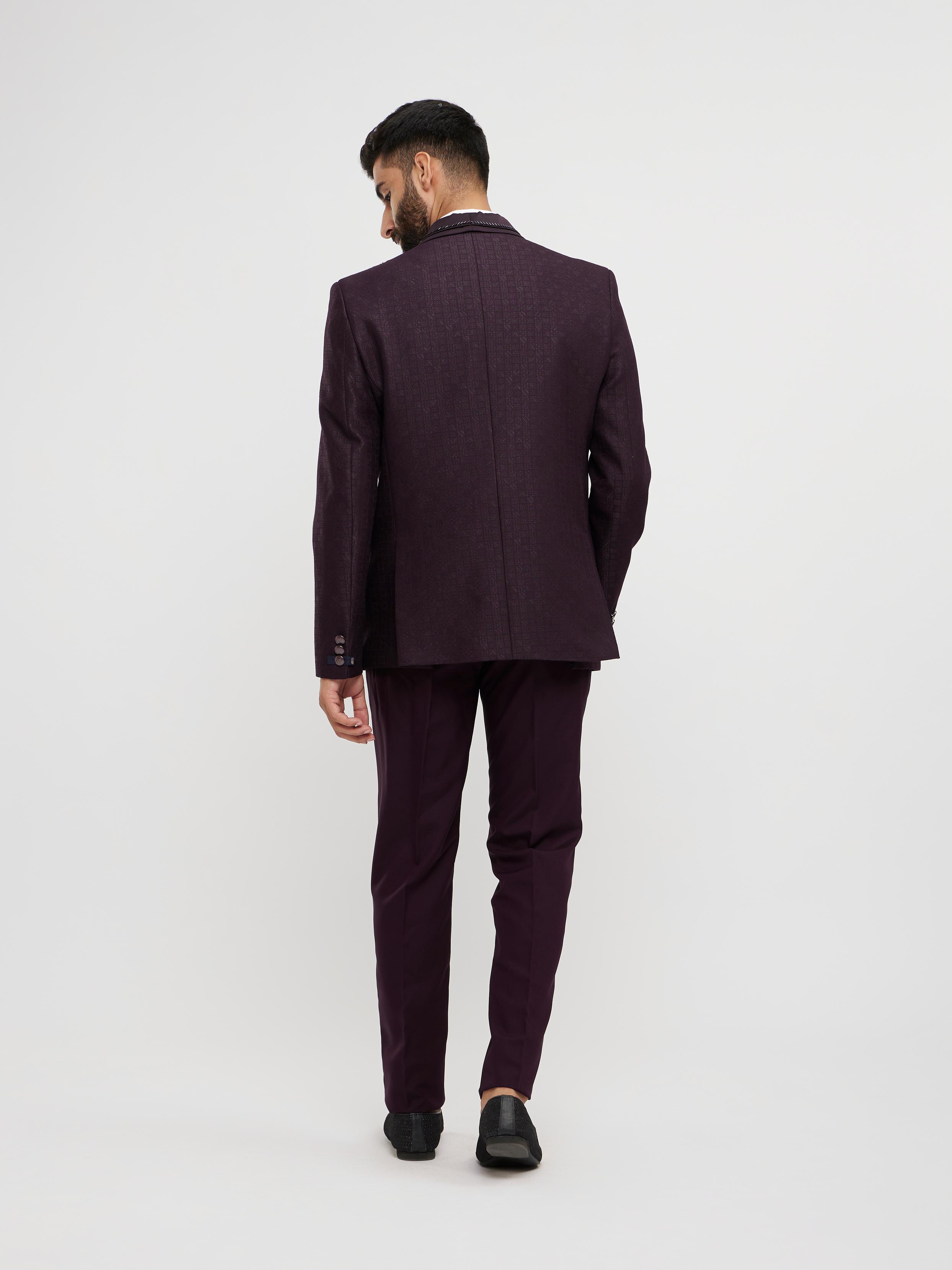 Twamev Men Royal Purple Jaal Patterned Suit Set with Sequin Work