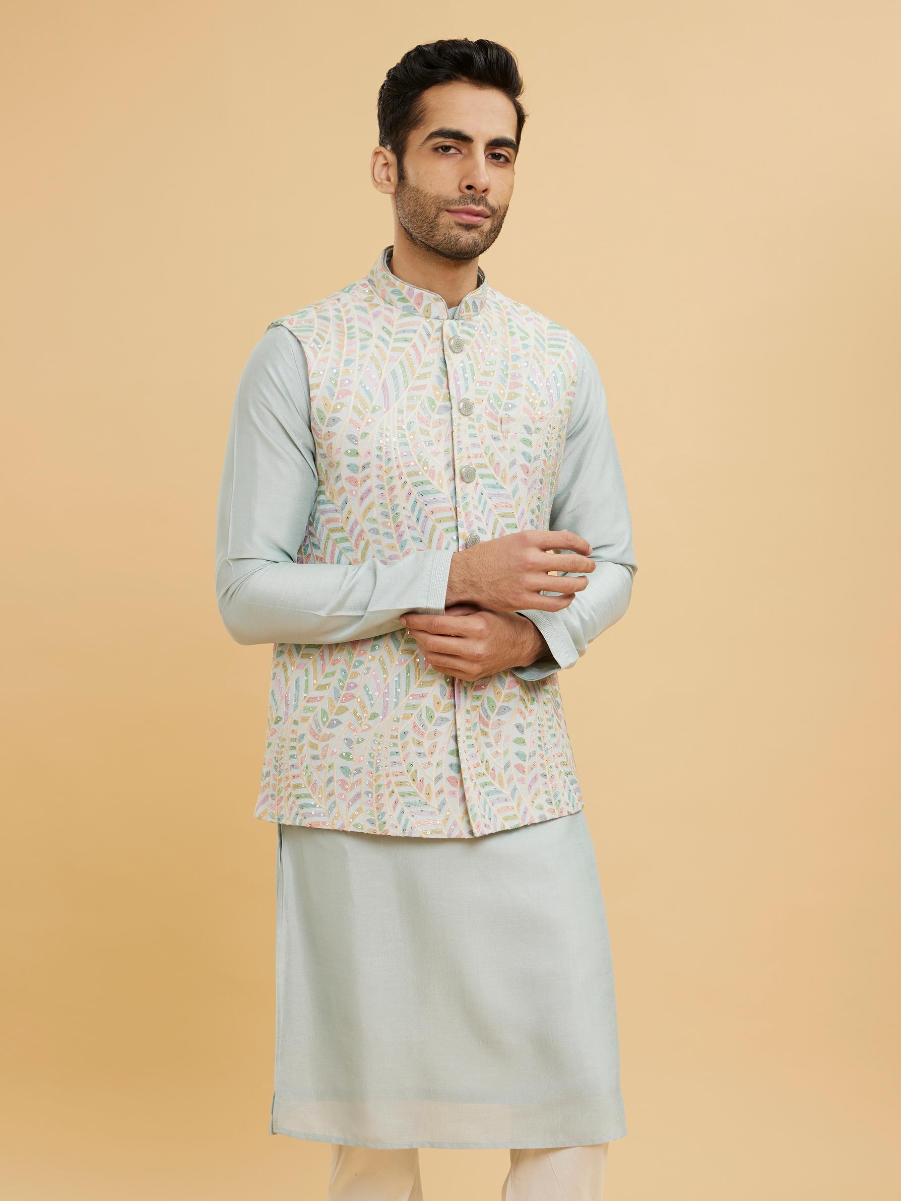 Twamev Men Ash Grey Leaf Patterned Jacket Set with Sequin Work
