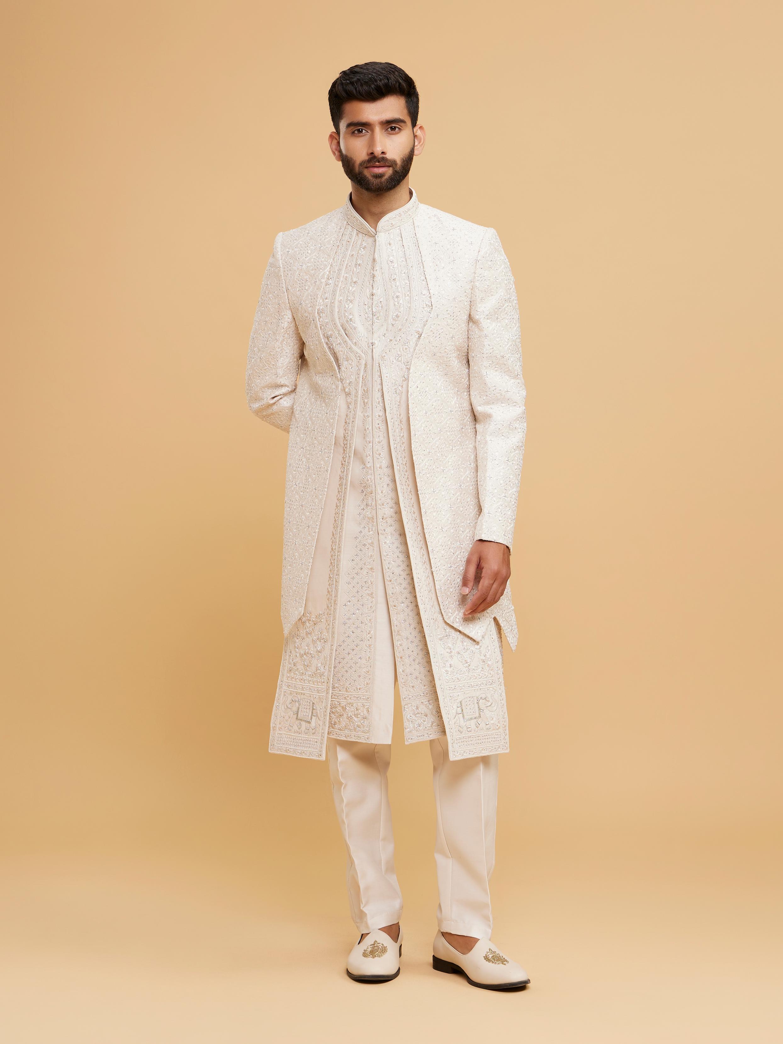 Twamev Men Elegant Cream Art Silk Sherwani Set