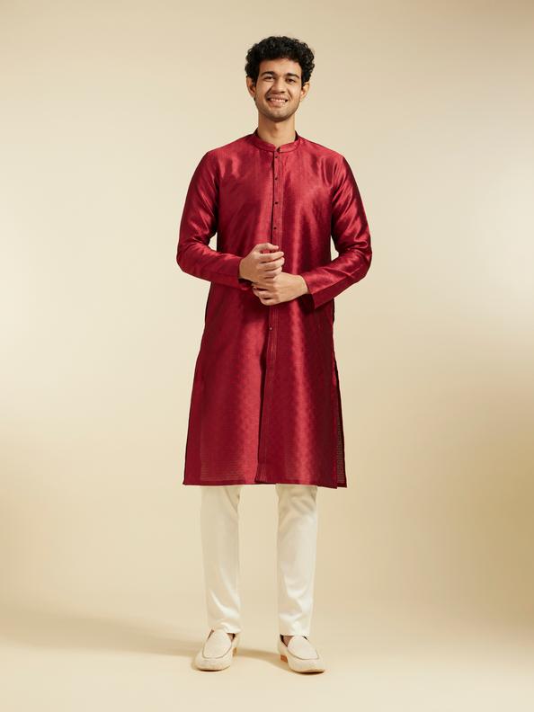 Diwas Men Maroon Red Lattice Patterned Kurta