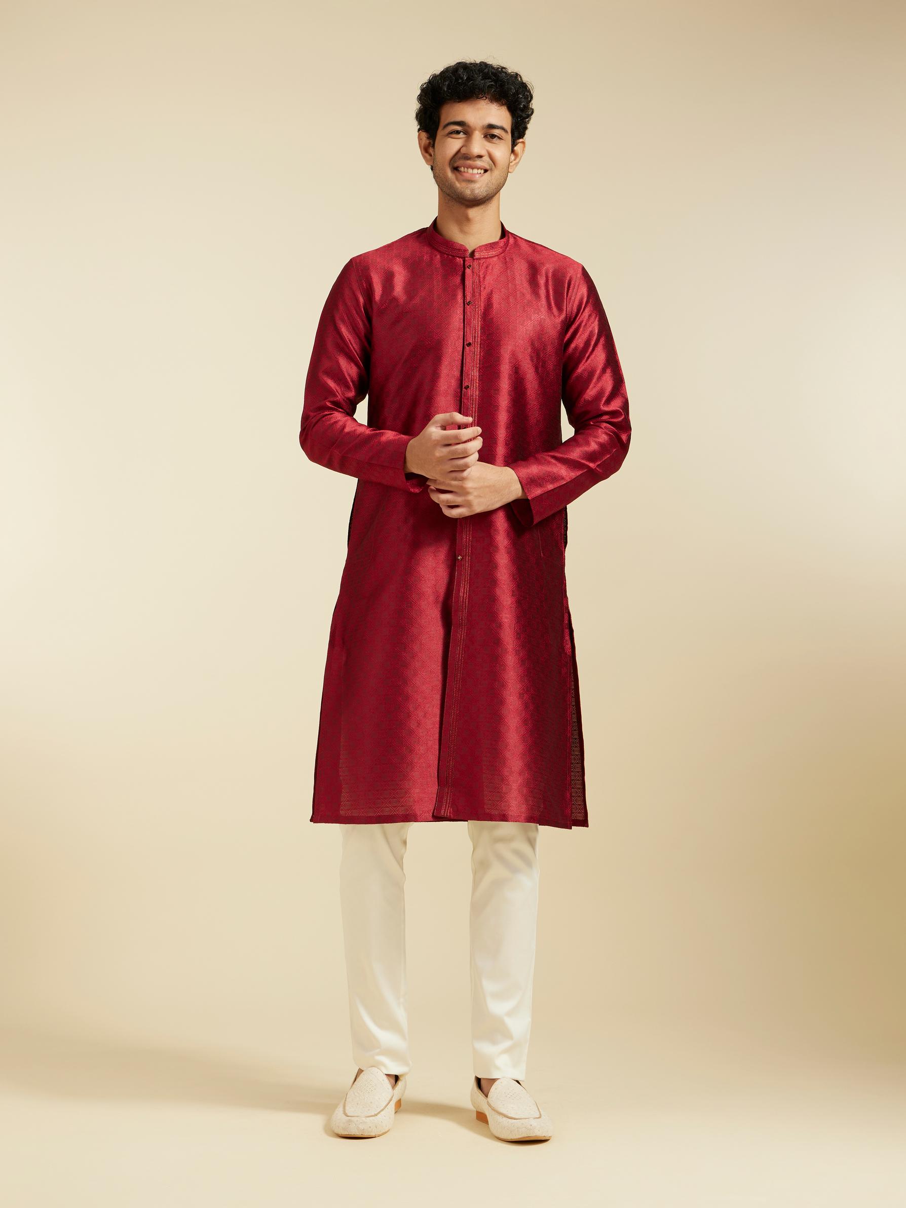 Diwas Men Maroon Red Lattice Patterned Kurta