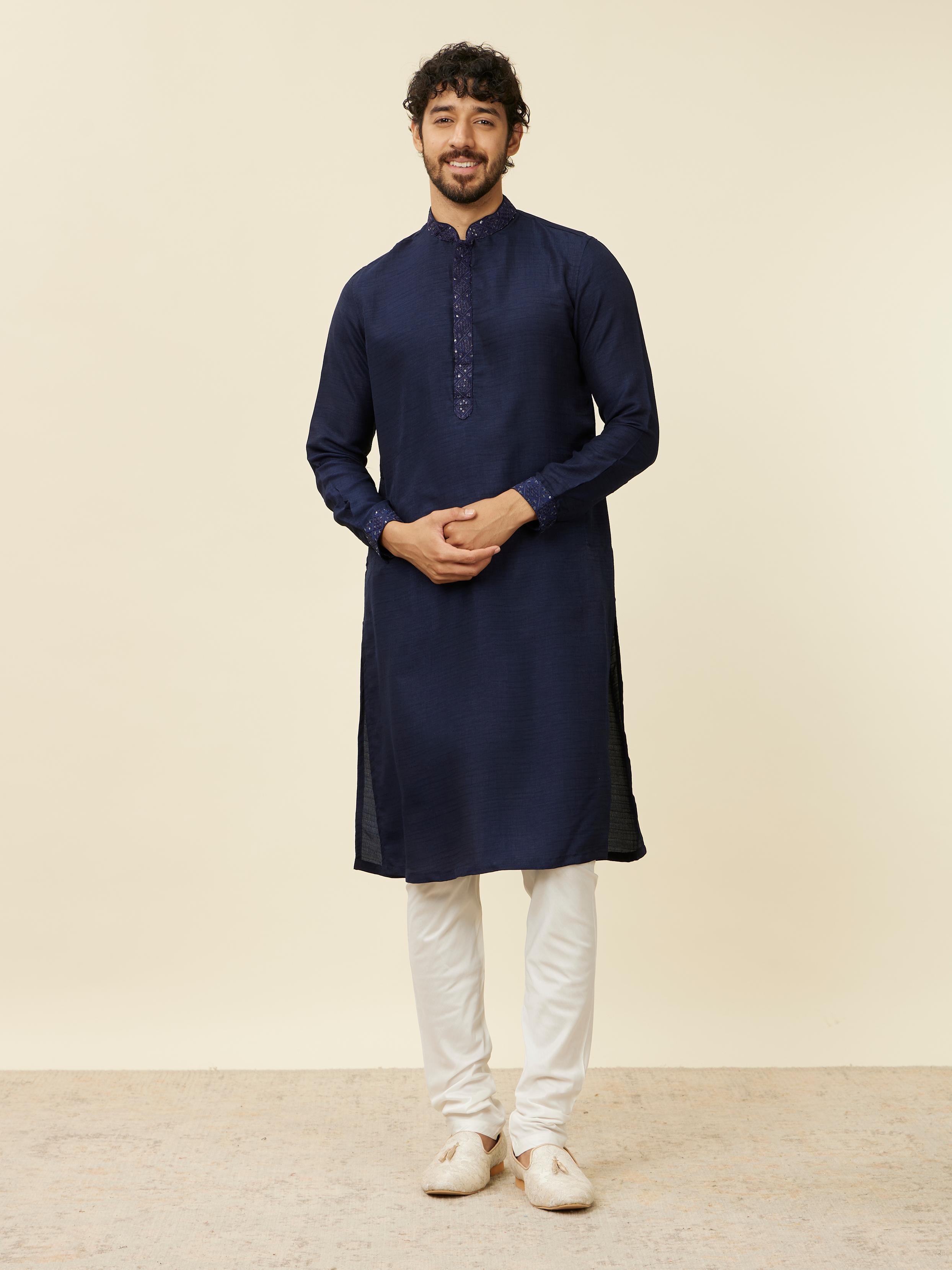 Twamev Men Dark Blue Mirror work Kurta Jacket Set
