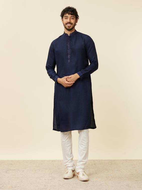 Twamev Men Dark Blue Mirror work Kurta Jacket Set