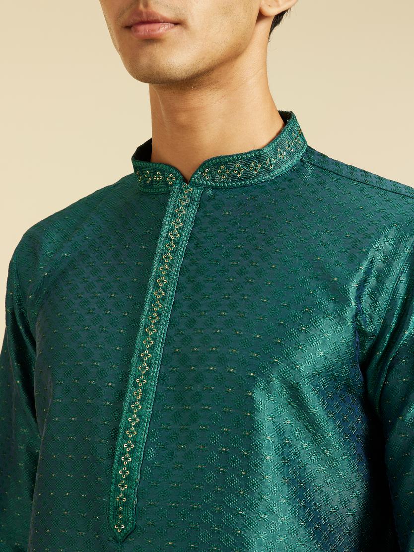 Diwas Men Teal Green Jaal Patterned Kurta with Embroidered Placket