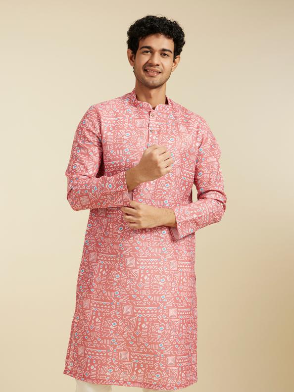 Diwas Men Coral Peach Aztec Printed Kurta