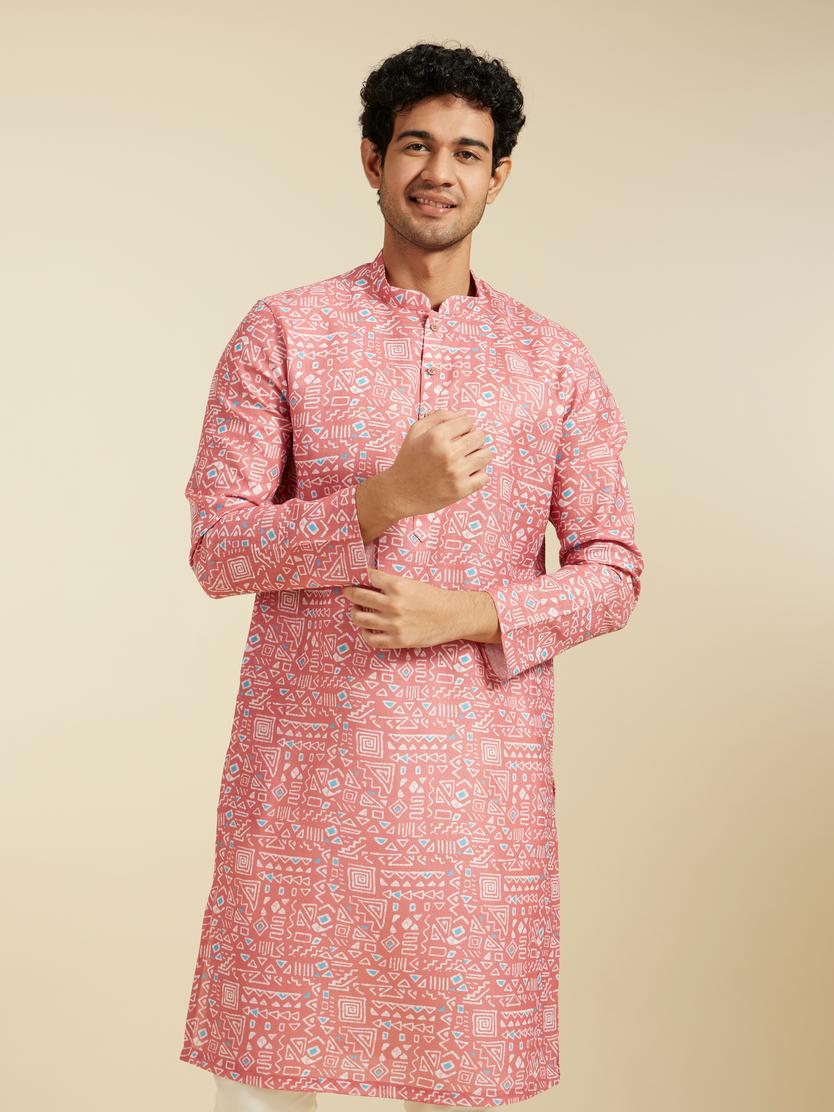 Diwas Men Coral Peach Aztec Printed Kurta