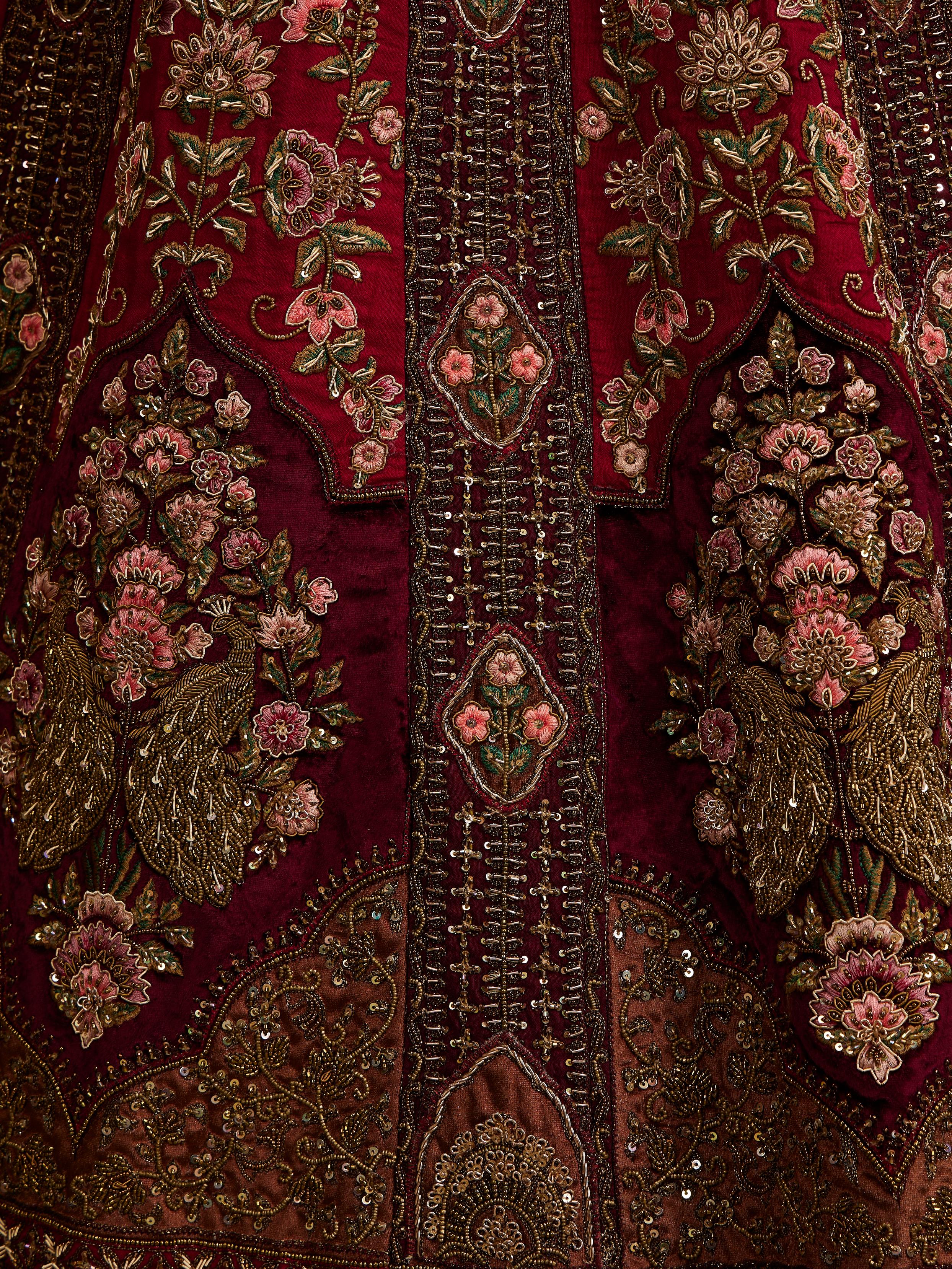 Twamev Women Maroon Red Jhallar Patterned Lehenga with Floral, Elephant Motifs And Sequin Work