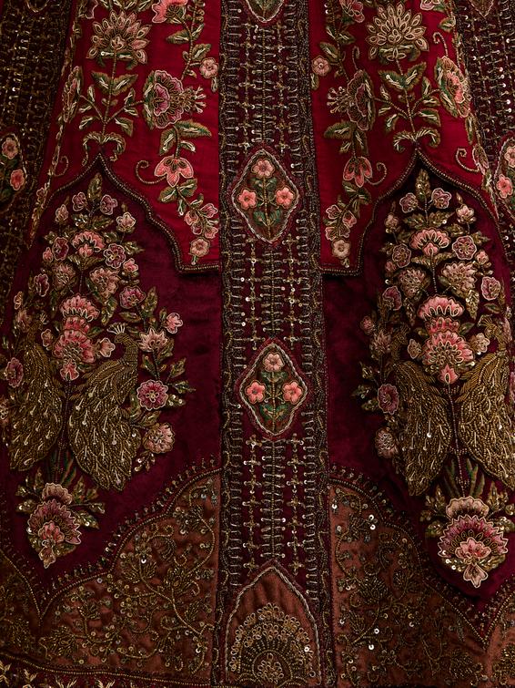 Twamev Women Maroon Red Jhallar Patterned Lehenga with Floral, Elephant Motifs And Sequin Work