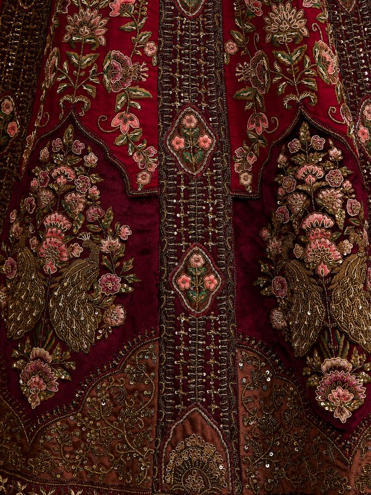 Twamev Women Maroon Red Jhallar Patterned Lehenga with Floral, Elephant Motifs And Sequin Work