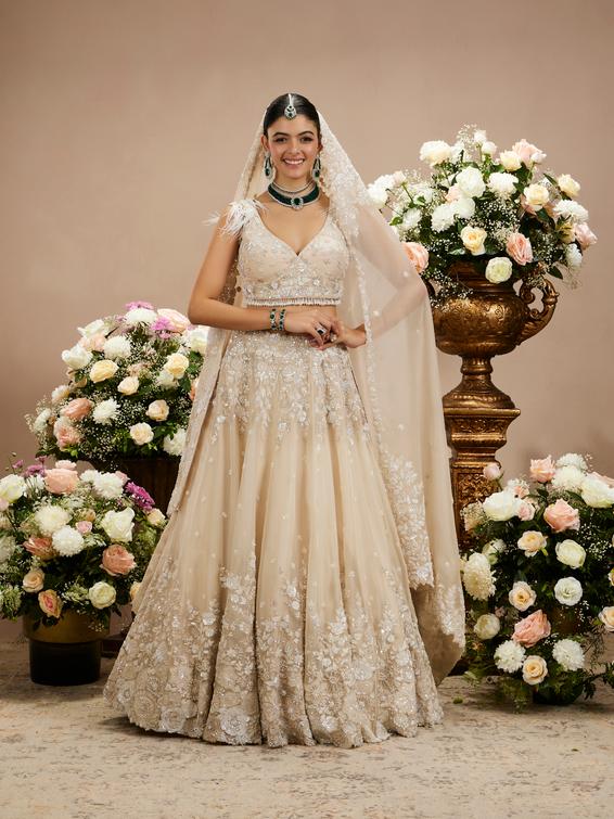 Twamev Women Cream Beige Floral Embroidered Lehenga with Sequins Work