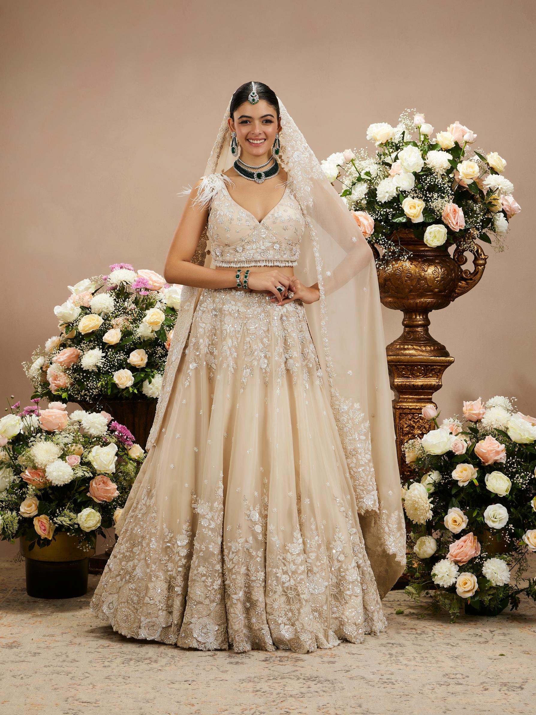 Twamev Women Cream Beige Floral Embroidered Lehenga with Sequins Work