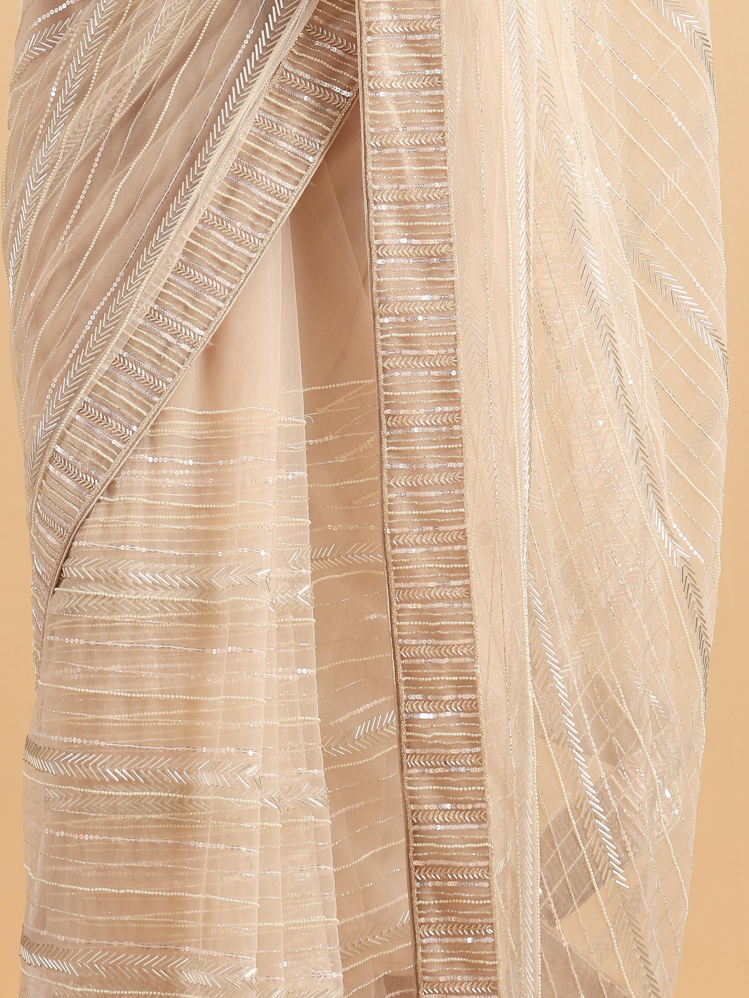 Twamev Women Sequined Shimmery Cream Saree