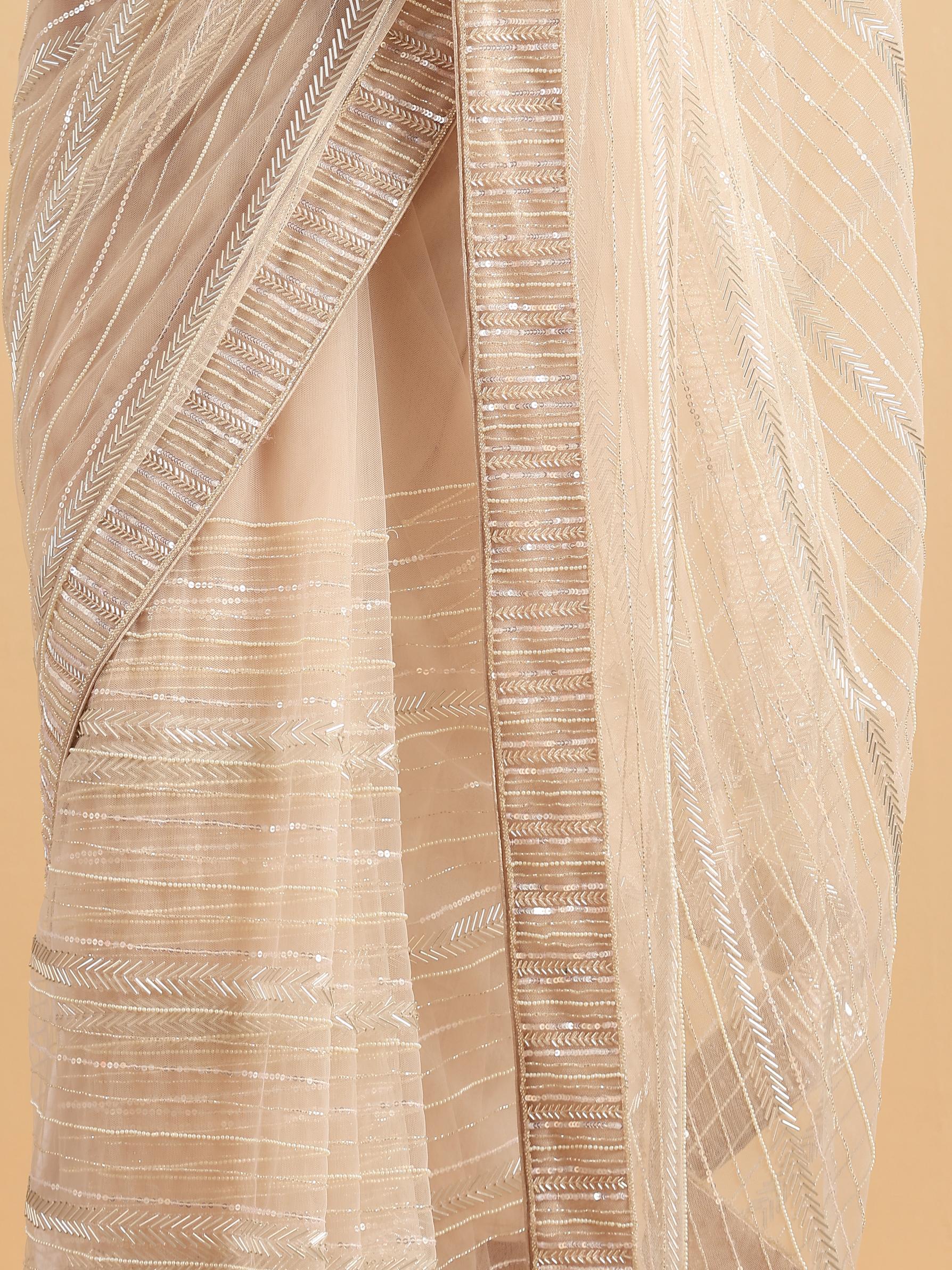 Twamev Women Sequined Shimmery Cream Saree