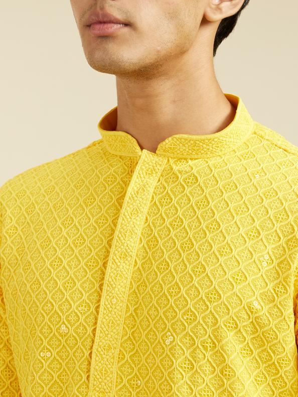 Diwas Men Sunshine Yellow Chikankari Kurta With Sequins