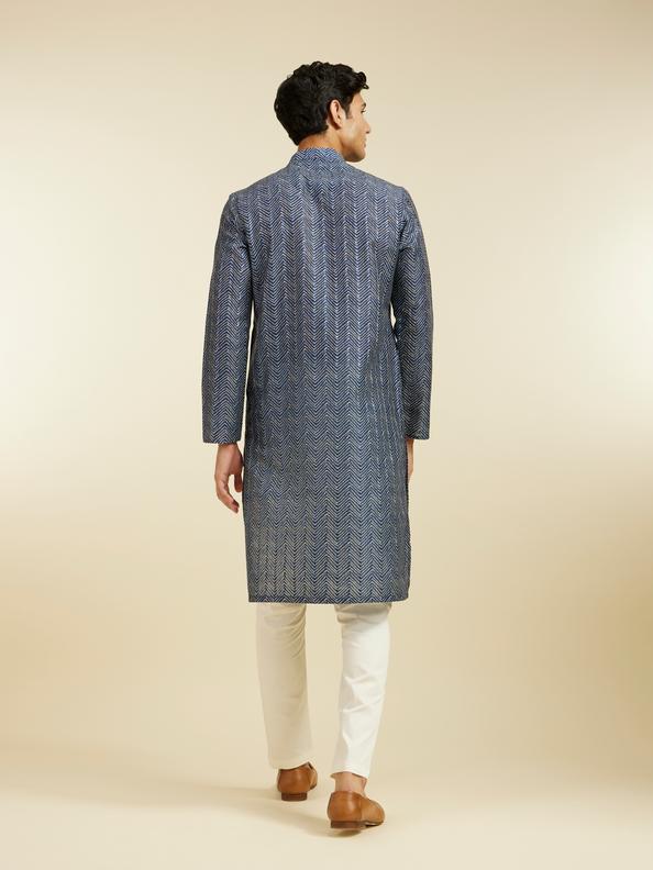 Diwas Men Oxford Blue Chevron Printed Kurta