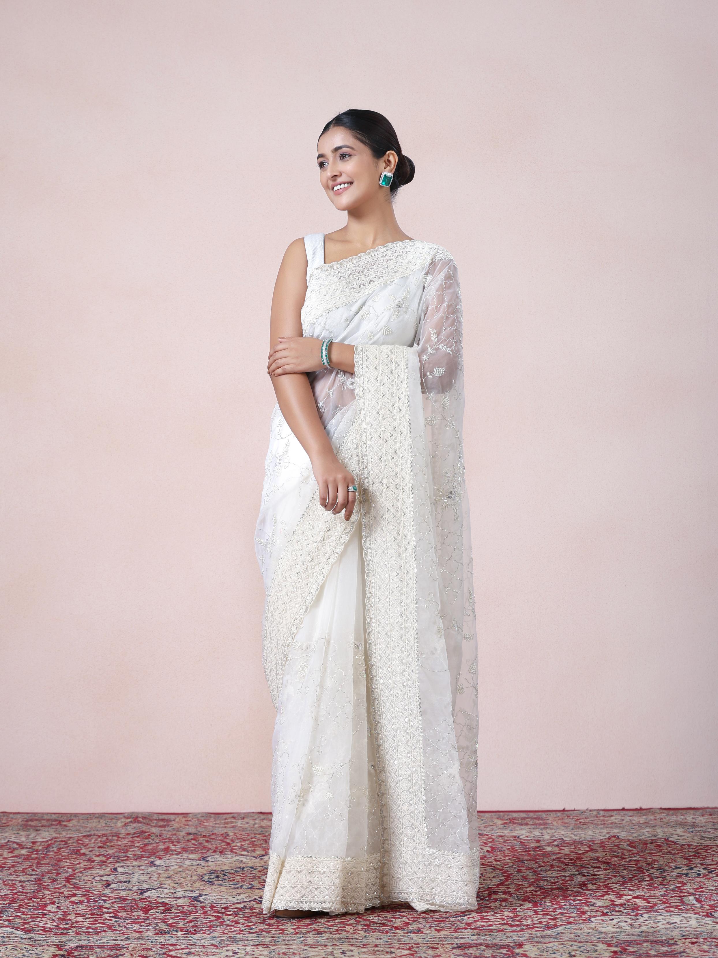 Twamev Women Vision in Cream Organza Saree