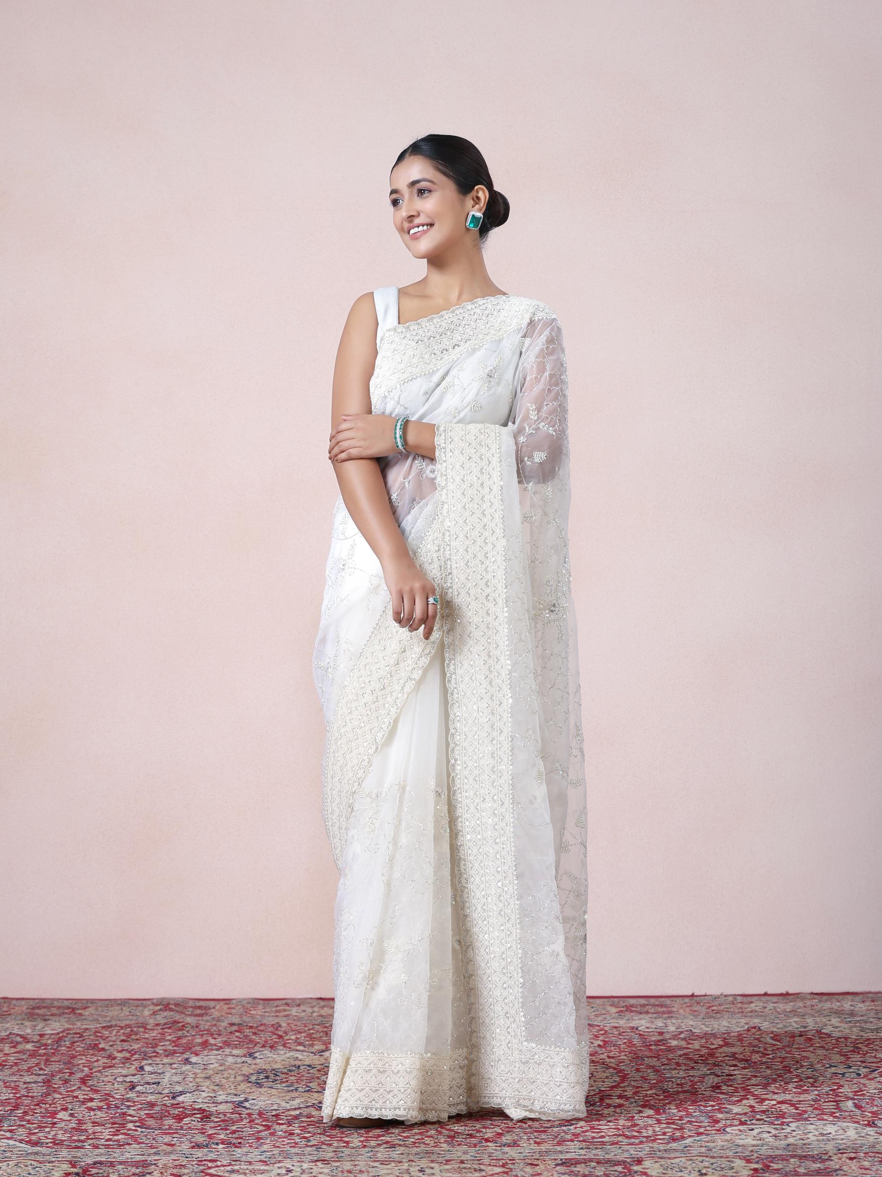 Twamev Women Vision in Cream Organza Saree