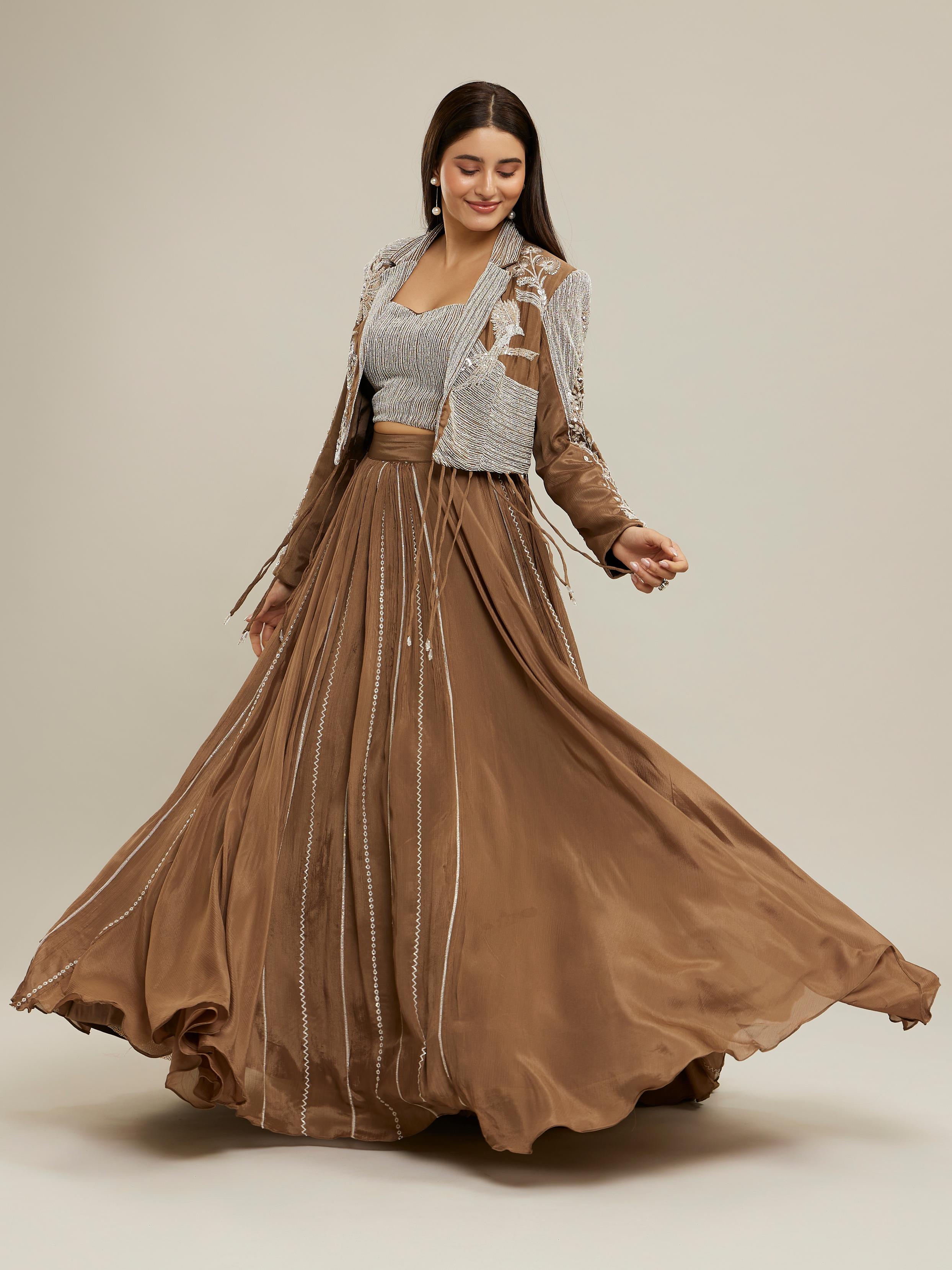 Twamev Women Glamorous Fawn Chiffon Indo Western
