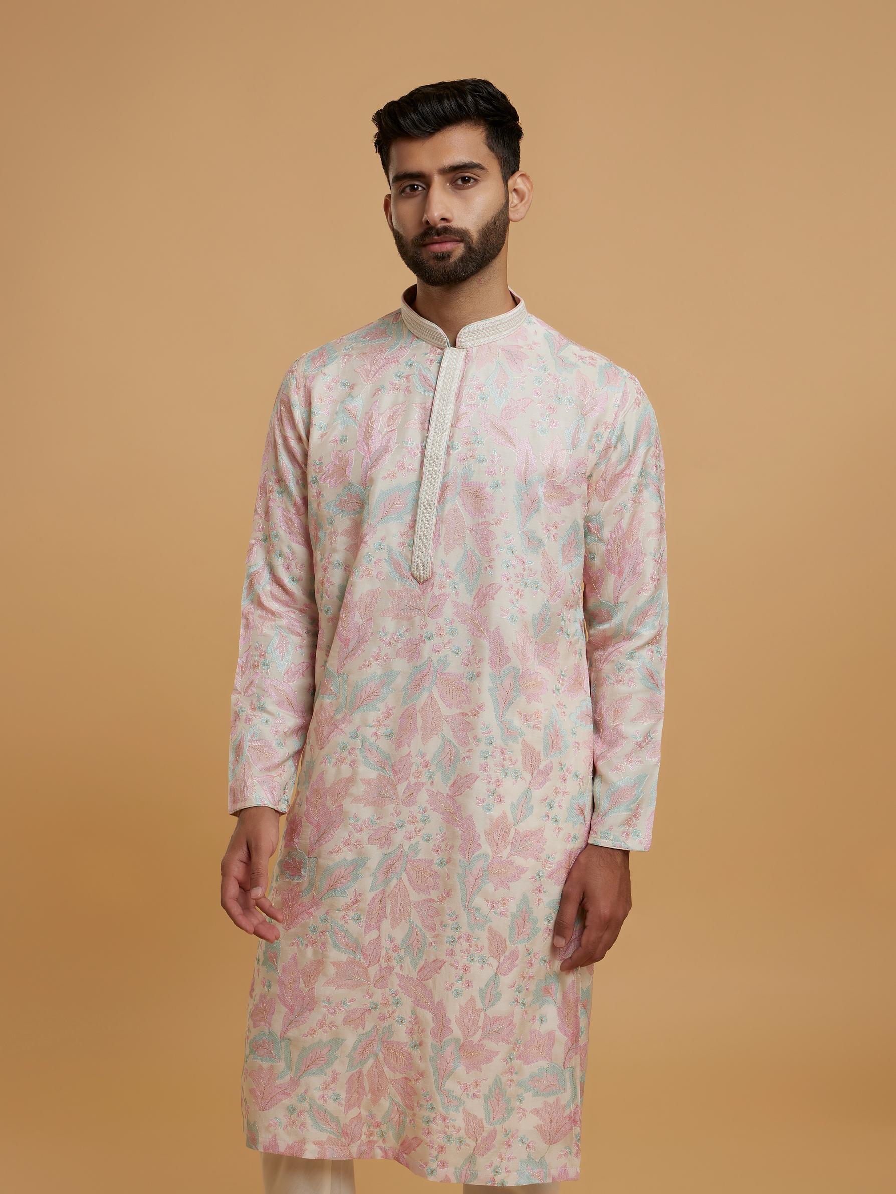 Twamev Men Festive Pink-Cream Elegance Kurta Pajama