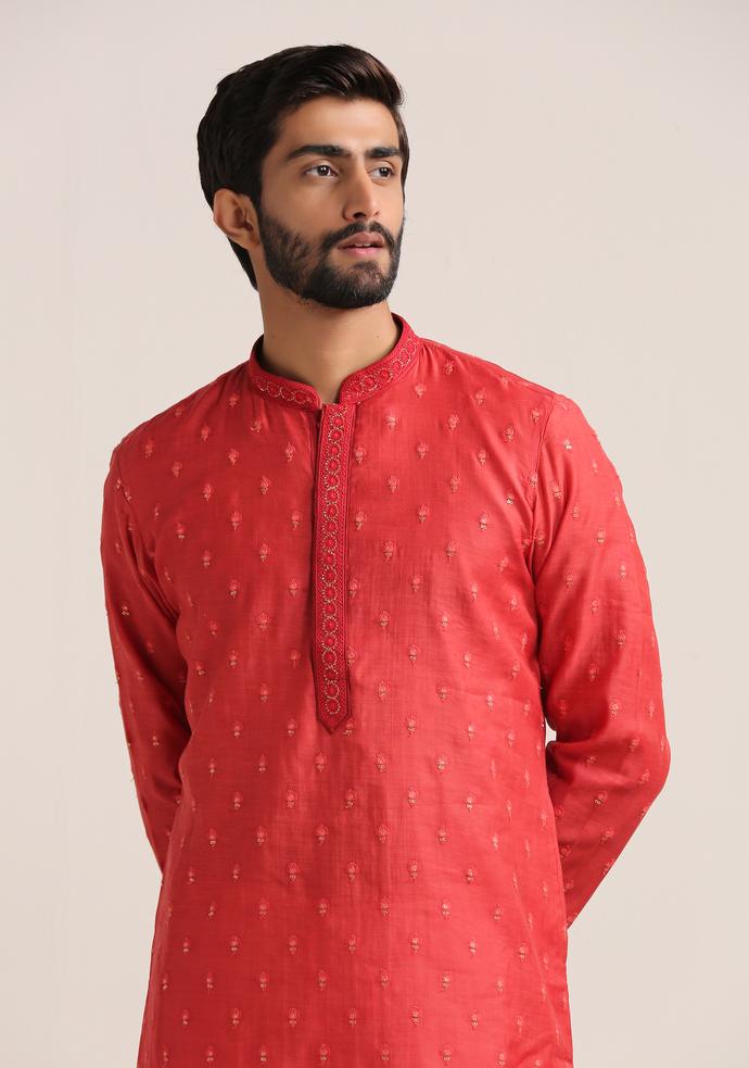 Twamev Men Fiesta Red Self Embroidered Kurta Set