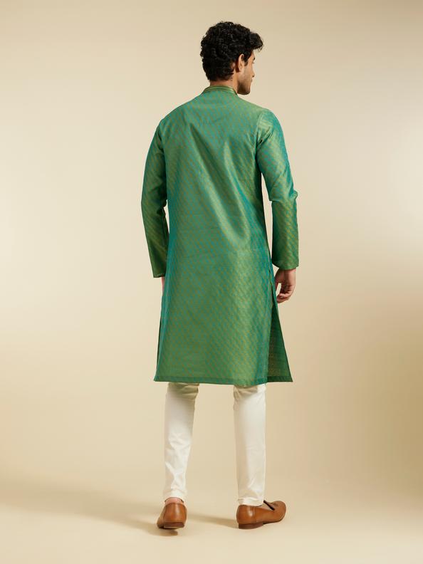 Diwas Men Soft Green Self Striped Bel Printed Kurta